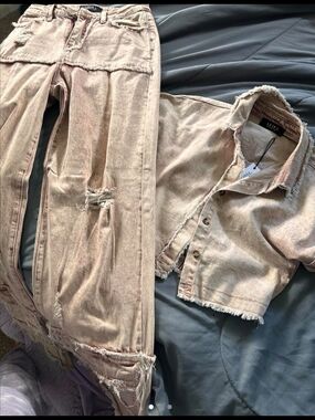AKIRA Blush Tan Distressed Denim Pantsuit Set